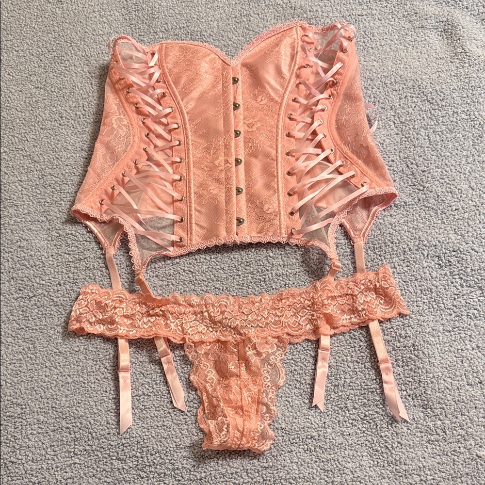 NWT Adore Me Lace Corset Bustier & Thong Set - Pink